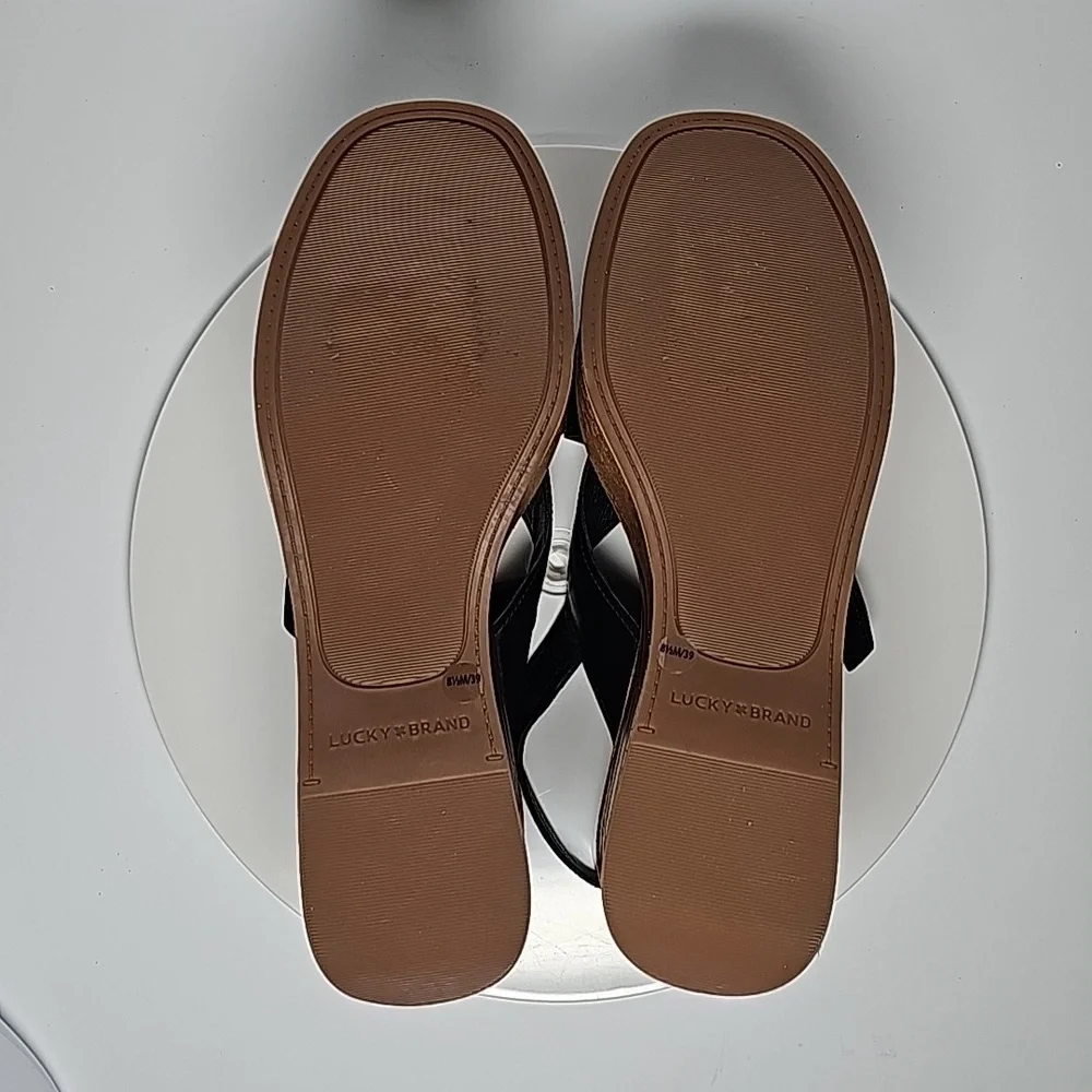 Lucky Brand Delaynee Black Leather Platform Wedge Sandals 8.5 NWOT Boho Resort